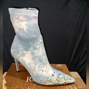 New Blue Denim Stretch Ankle boot with Rhinestone studs and embroidery